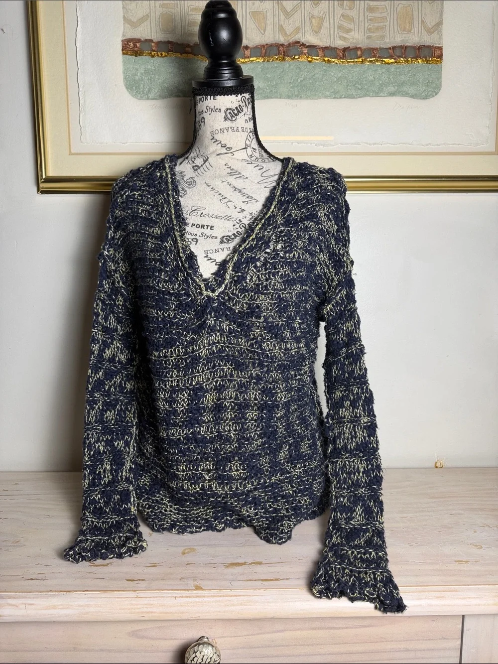 Free People Marled Navy and Cream V-Neck Sweater